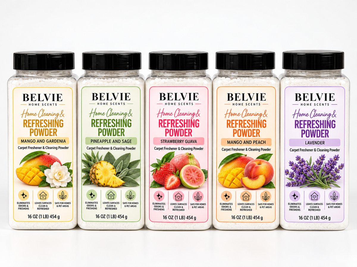 Ready-to-sell home cleaning and carpet refreshing powder, packaged with BELVIE HOME SCENTS labels Belvie Home Scents